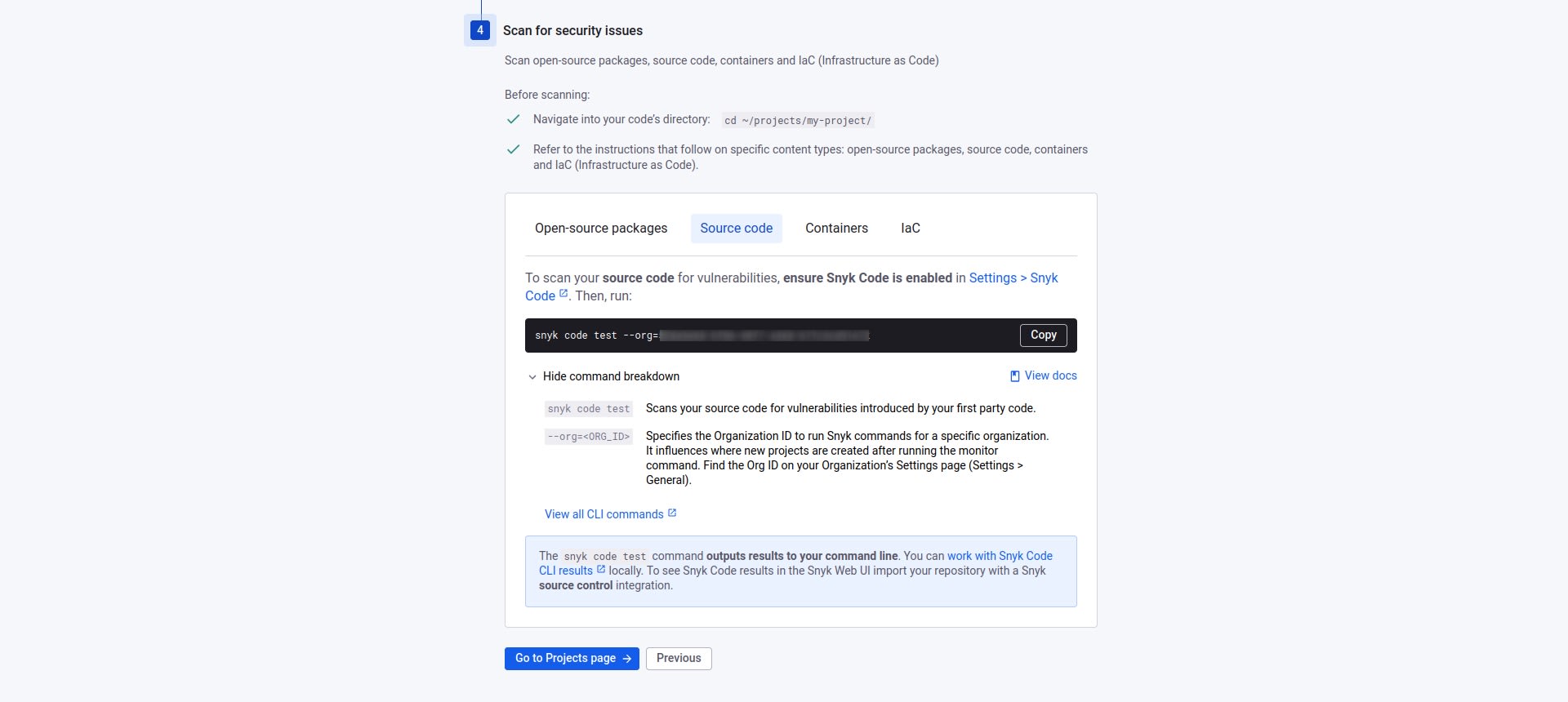 Snyk security scan guide showing source code scanning instructions and the `snyk code test` command.