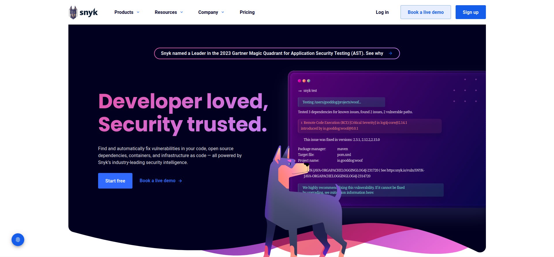 Snyk website hero promoting developer-focused security, with a vulnerability scan interface and stylized dog illustration