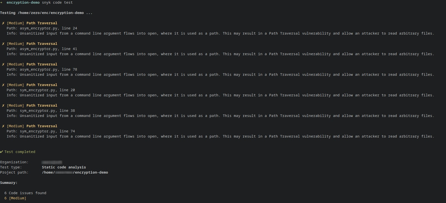 Terminal showing static code analysis results with six medium-severity path traversal issues in Python encryptor files.
