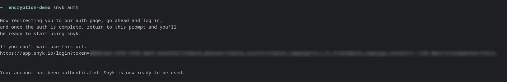 Terminal showing Snyk authentication completed and a blurred login URL token.