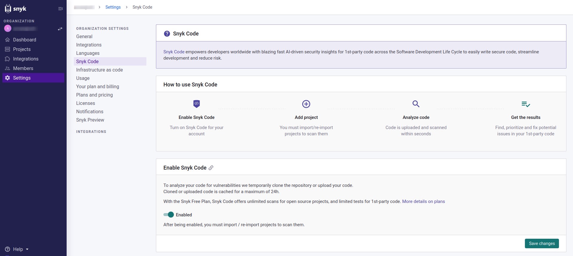 Snyk Code organization settings page showing the feature enabled and steps to add projects, analyze code, and get results.