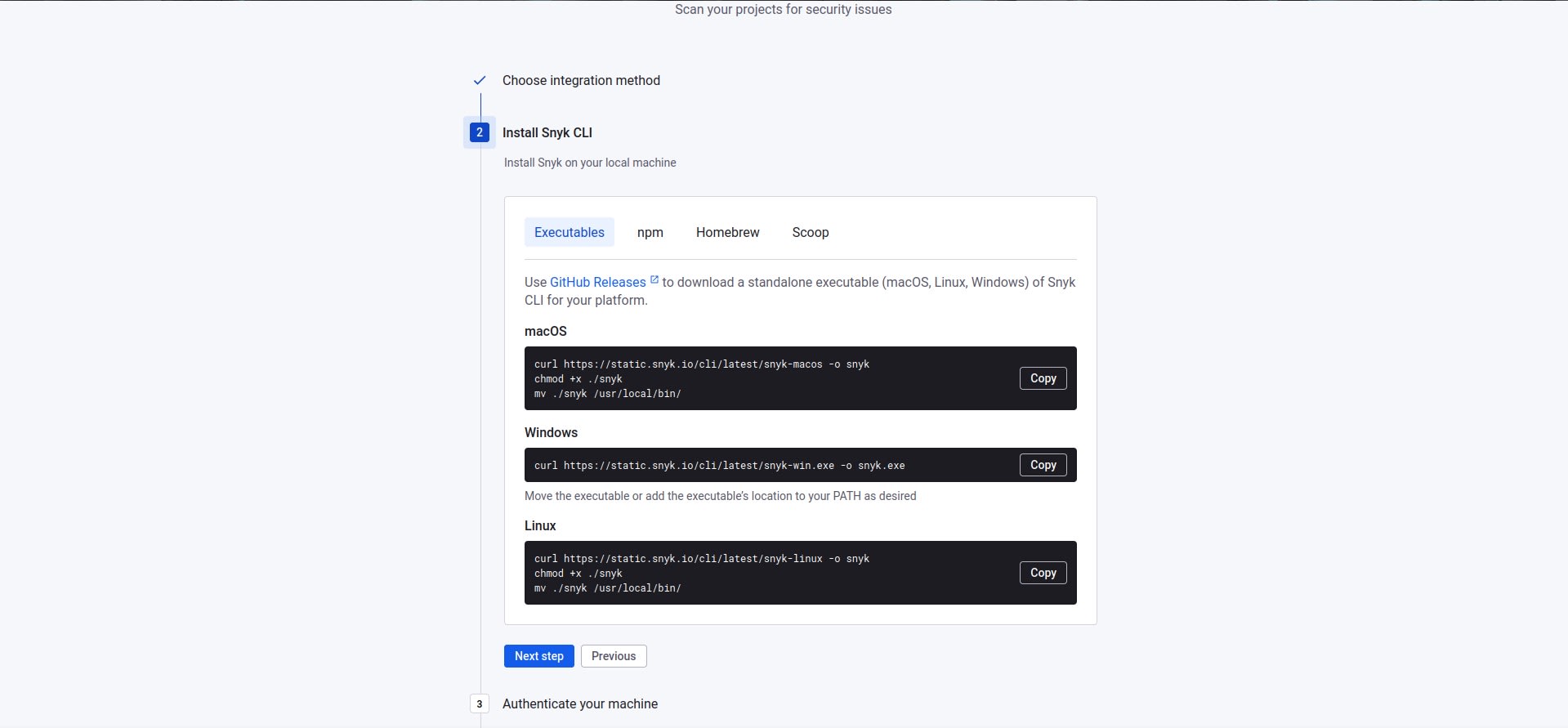 Snyk CLI installation screen showing executable download and command-line instructions for macOS, Windows, and Linux.