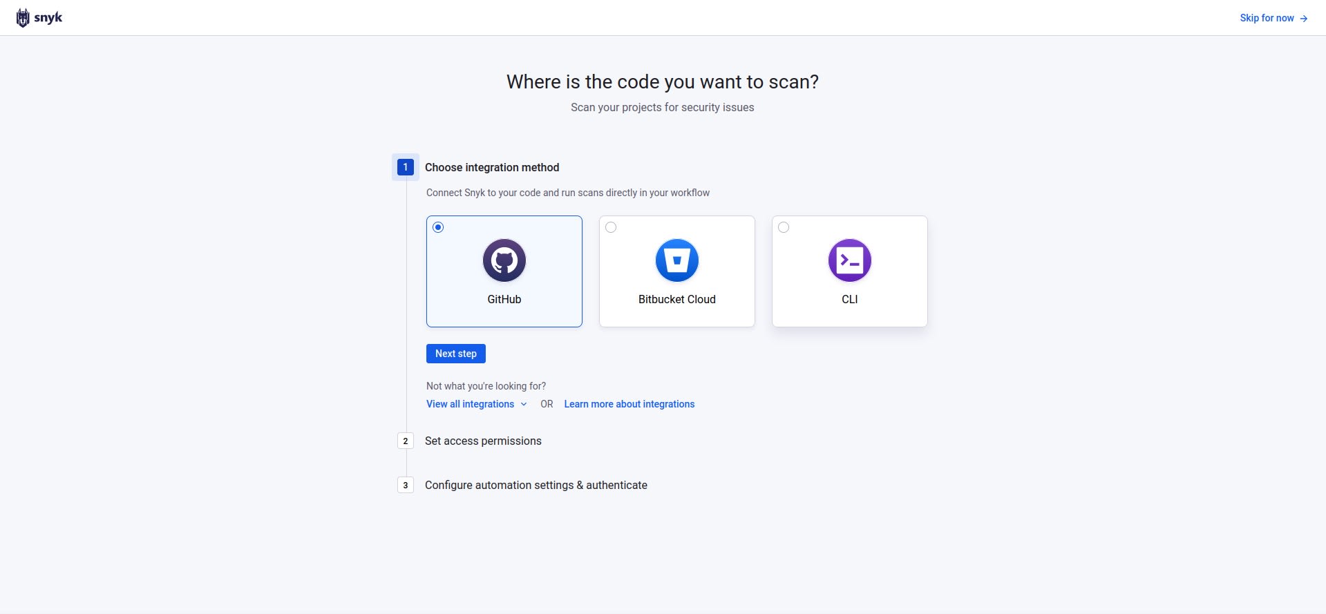 Snyk setup screen showing integration options for GitHub, Bitbucket Cloud, and CLI, with GitHub selected.
