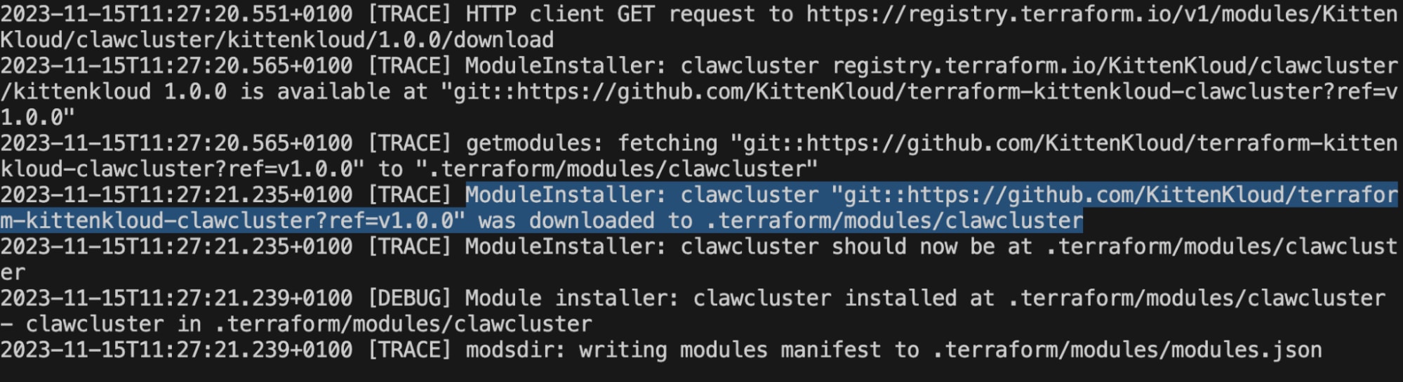 Terminal log showing Terraform downloading the clawcluster module from a GitHub repository into the .terraform/modules directory.