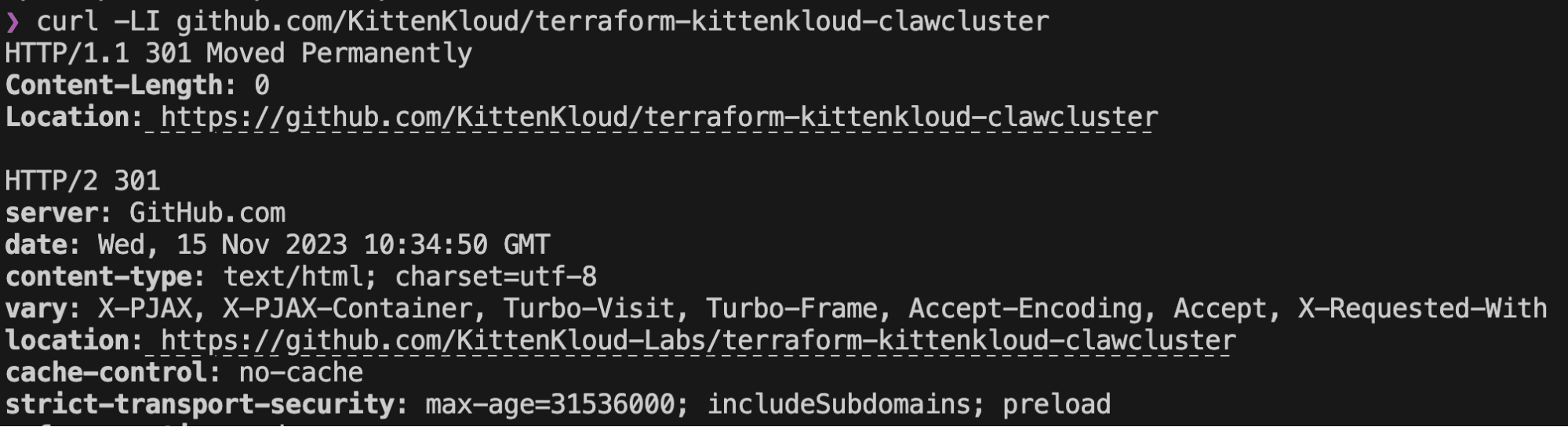 Terminal output showing a curl request redirected from KittenKcloud's GitHub repository to the KittenKcloud-Labs repository.