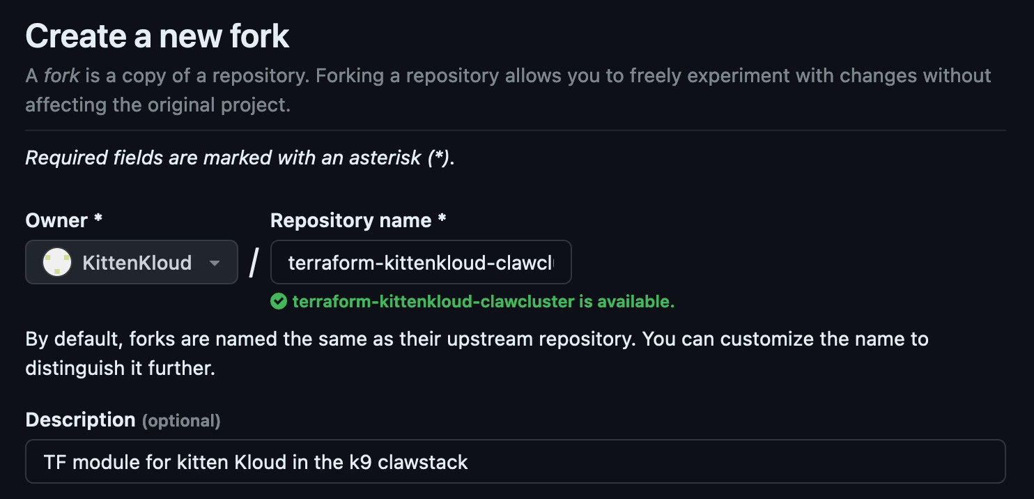 GitHub “Create a new fork” form showing the KittenKloud owner, repository name, and optional description fields.