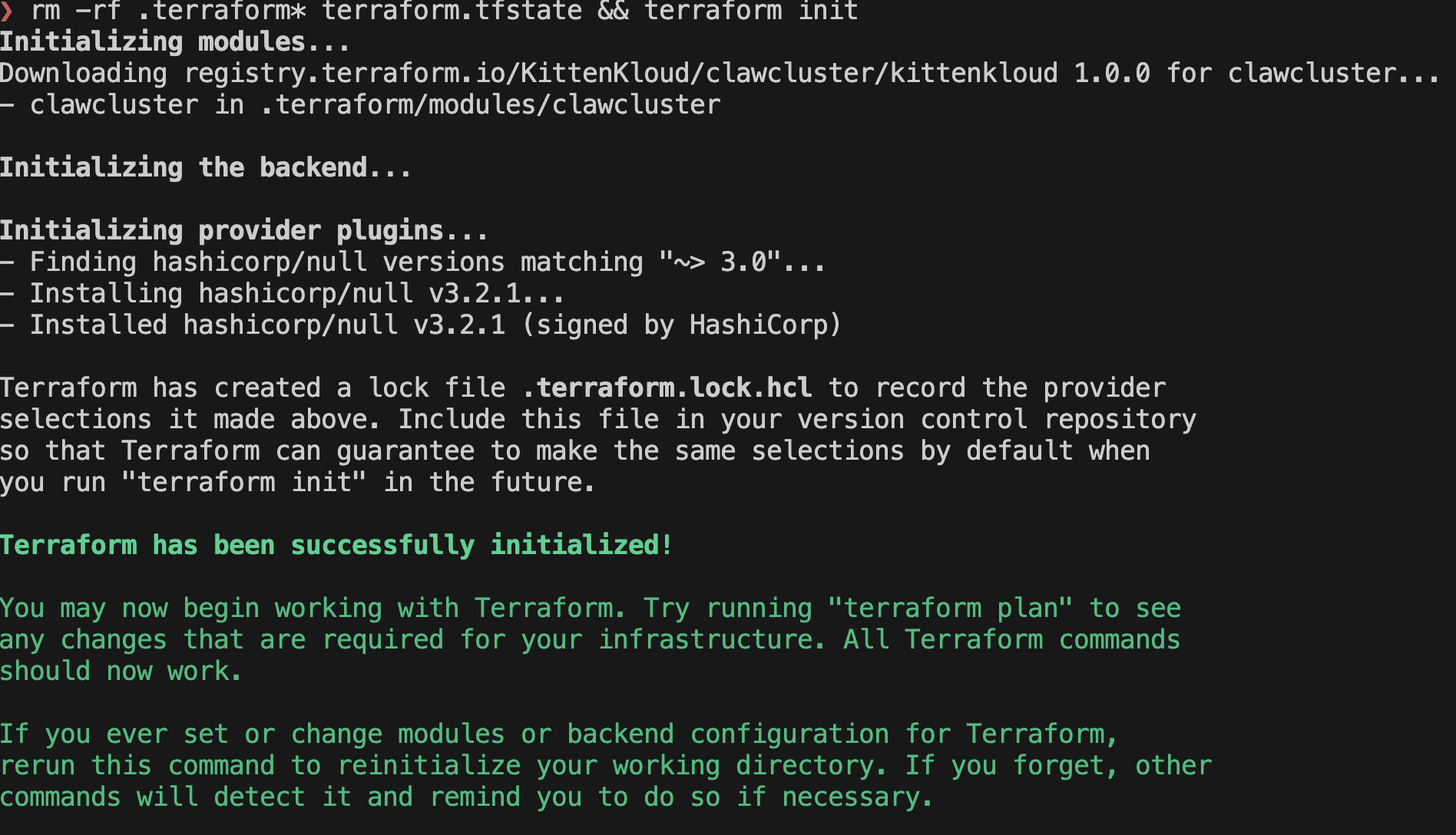 Terminal output showing Terraform initializing modules and providers, creating a lock file, and reporting successful initialization.