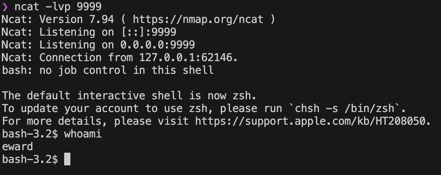 Terminal showing Ncat listening on port 9999, a connection from localhost, and the whoami command returning “eward”.