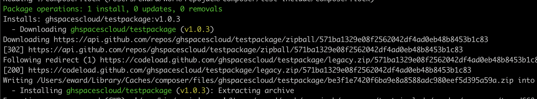 Terminal output showing Composer downloading and installing the GitHub package ghspacescloud/testpackage version 1.0.3