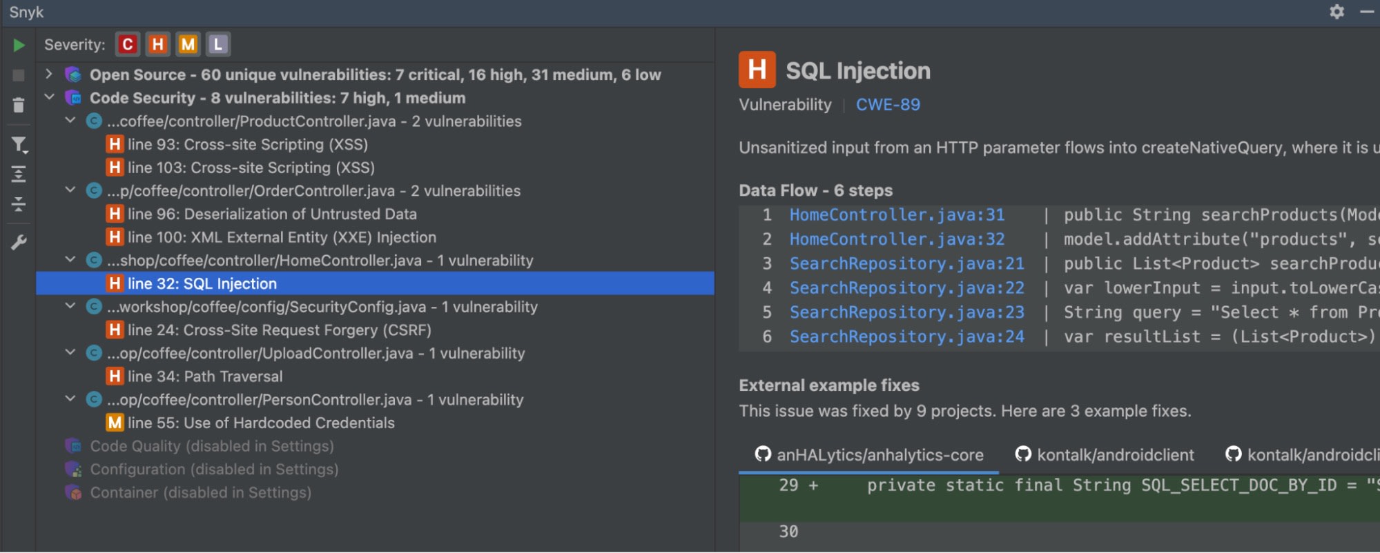 Snyk dashboard highlighting a high-severity SQL injection vulnerability in HomeController.java with a six-step data flow and example fixes