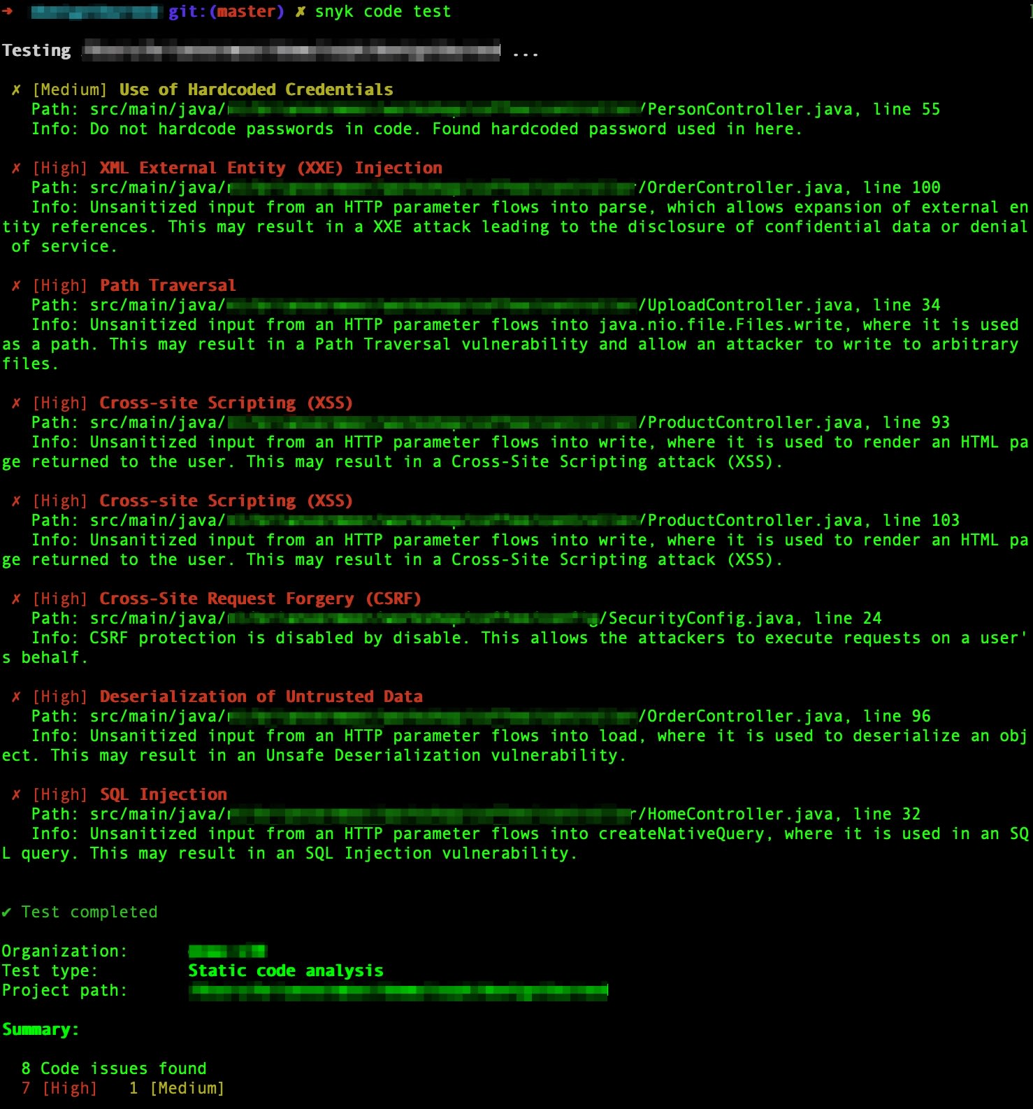 Terminal showing Snyk CLI static code analysis results with eight Java security issues, including XSS, SQL injection, and path traversal.