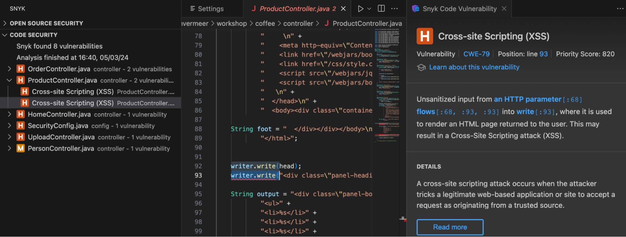 Snyk vulnerability analysis in an IDE highlights a Cross-Site Scripting issue in ProductController.java at line 93.