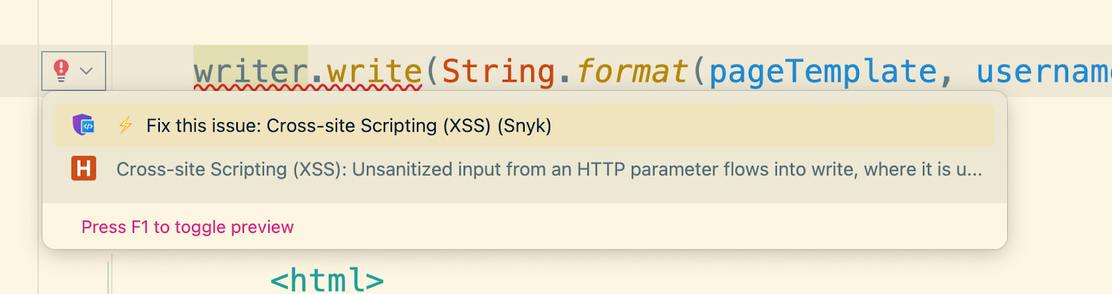 Code-Editor mit einer Warnung vor einer Cross-Site-Scripting-Sicherheitslücke und einem Lösungsvorschlag für nicht bereinigte HTTP-Parametereingaben.