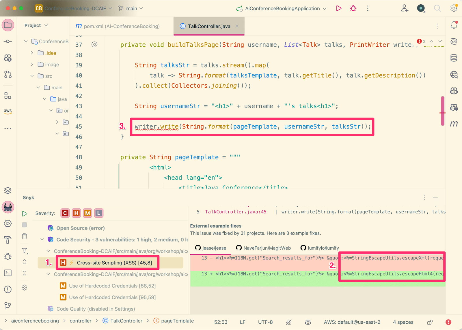 IDE mit einer hervorgehobenen Cross-Site-Scripting-Schwachstelle in TalkController.java sowie Snyk-Ergebnissen und einem Vergleich zur Behebung durch HTML-Escaping
