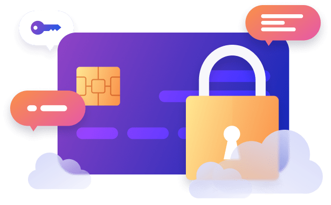 Illustration of a payment card and cloud secured by a padlock, with key and chat icons