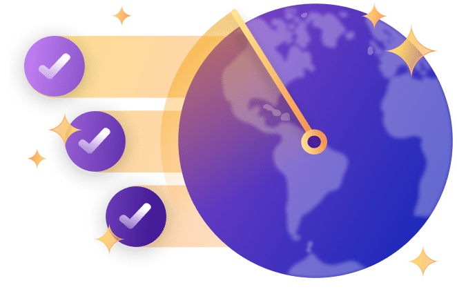 Illustration of a globe with three checkmarks, representing global information security compliance.