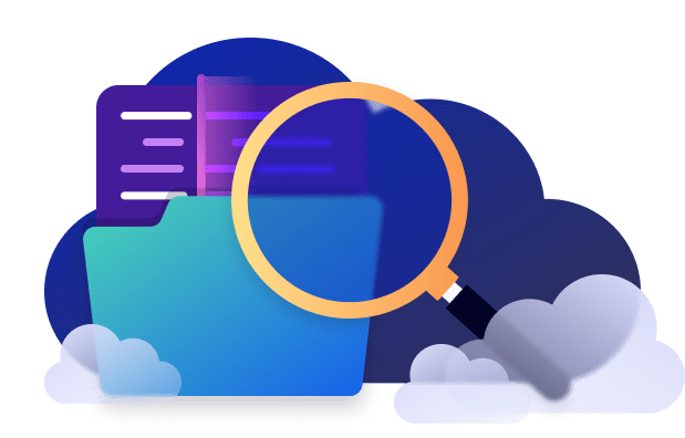 Illustration of a magnifying glass examining documents in a folder, with cloud shapes in the background