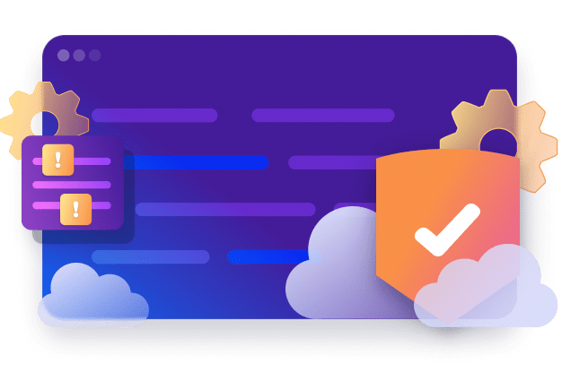 Abstract security illustration with browser window, warning icons, gears, clouds, and a shield featuring a white check mark