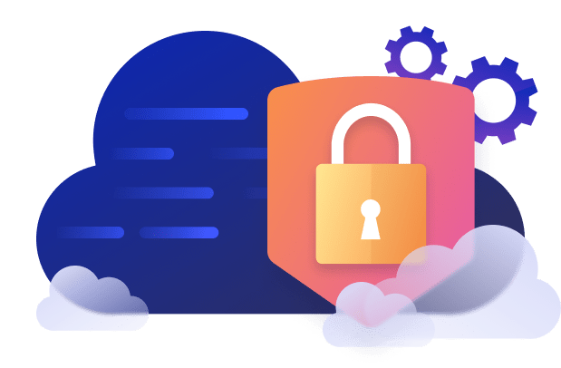 Illustration of a padlock on a shield with cloud and gear shapes, representing protection of sensitive customer data.