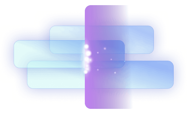 Ilustración abstracta de barras translúcidas azules y moradas superpuestas con partículas de luz brillantes