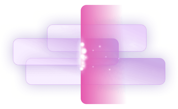 Ilustración abstracta de barras translúcidas rosas y moradas superpuestas, con reflejos blancos brillantes