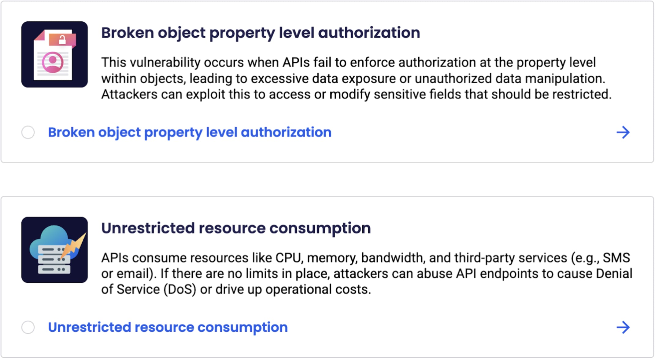 Zwei Bereiche mit Text zu API-Sicherheitslücken: „Fehlerhafte Autorisierung auf Objektebene“ mit einem Symbol aus Dokument und Schloss sowie „Uneingeschränkter Ressourcenverbrauch“ mit einem Symbol aus Cloud und Serverrack. Beide enthalten Auswahlpfeile.