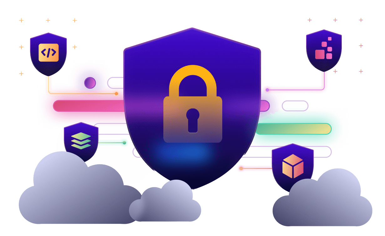 Escudo grande con candado, rodeado de escudos más pequeños y símbolos de seguridad de código, datos y nube