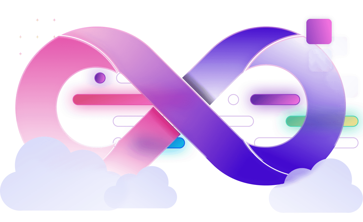 Laços abstratos entrelaçados em rosa e roxo, com formas de nuvem, barras de interface coloridas e quadrados flutuantes, representando integração e entrega contínuas.