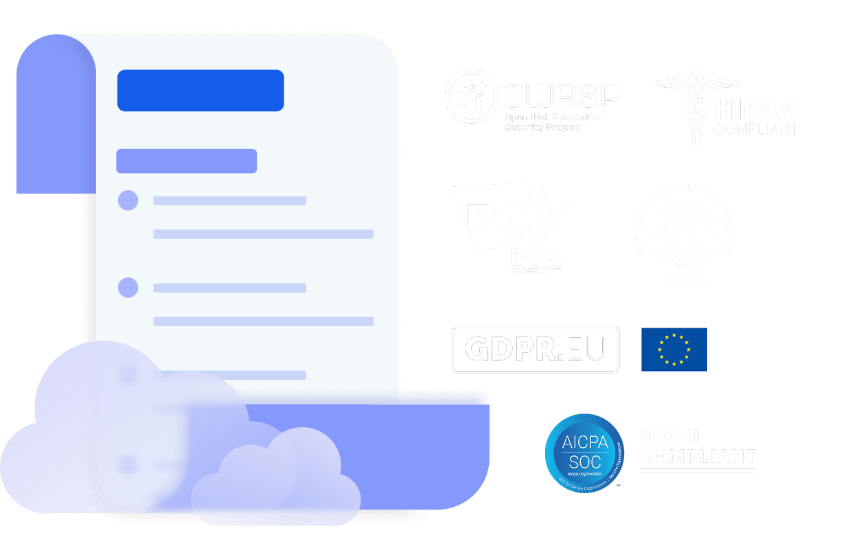 Illustration d’un document dans le cloud à côté des logos de conformité OWASP, HIPAA, PCI DSS, ISO 27001, GDPR et SOC II