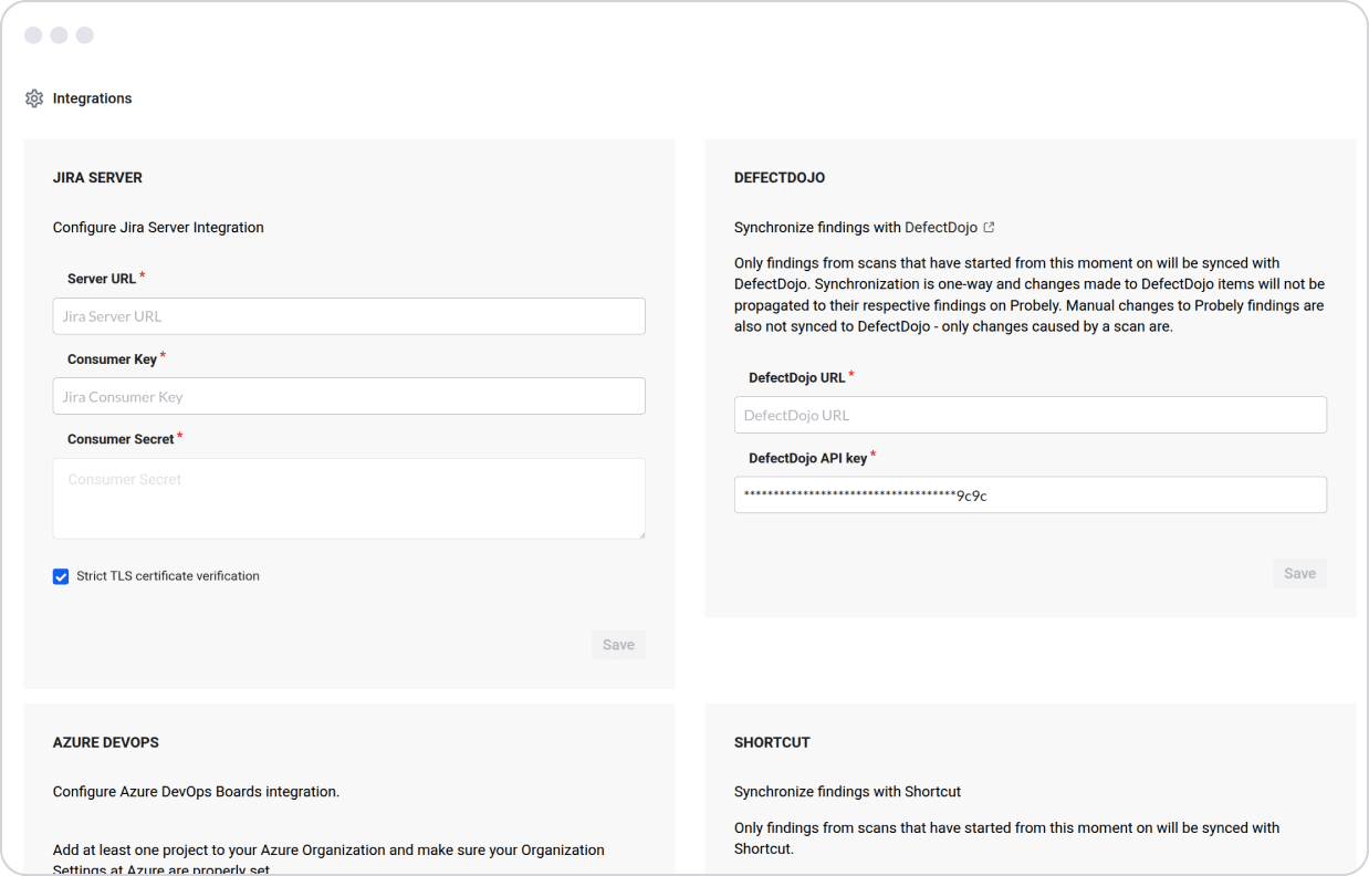 Page des paramètres d’intégration affichant les panneaux de configuration de Jira Server, DefectDojo, Azure DevOps et Shortcut
