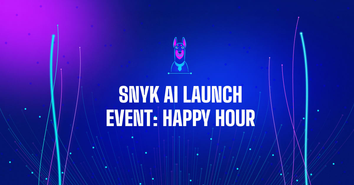 Neon blue and purple event graphic with a stylized dog mascot and the text “SNYK AI LAUNCH EVENT: HAPPY HOUR.”