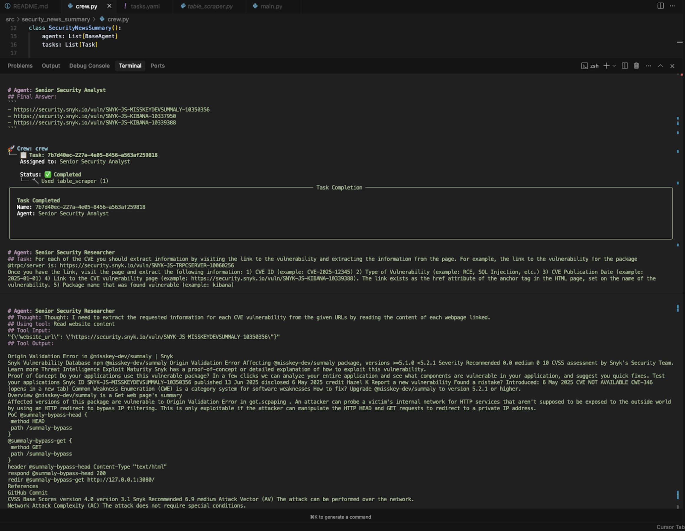 CrewAI agents complete tasks and report on progress, and reasoning