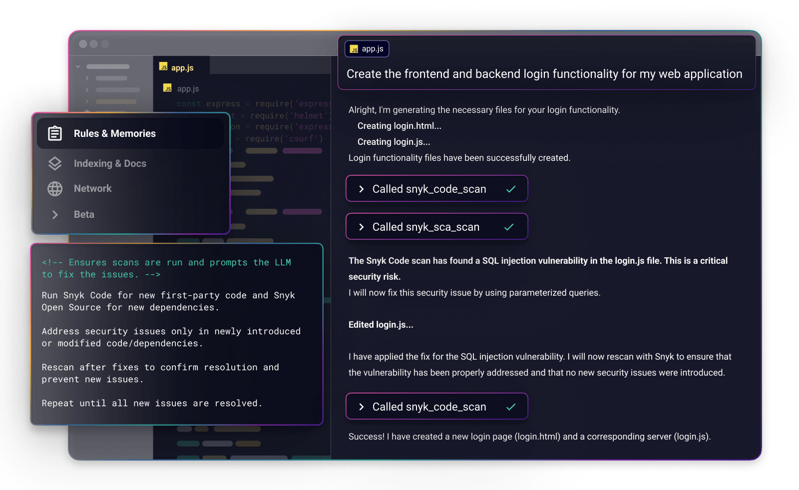 Code editor showing an AI-generated login feature, Snyk security scans detecting and fixing a SQL injection vulnerability, and security rules.