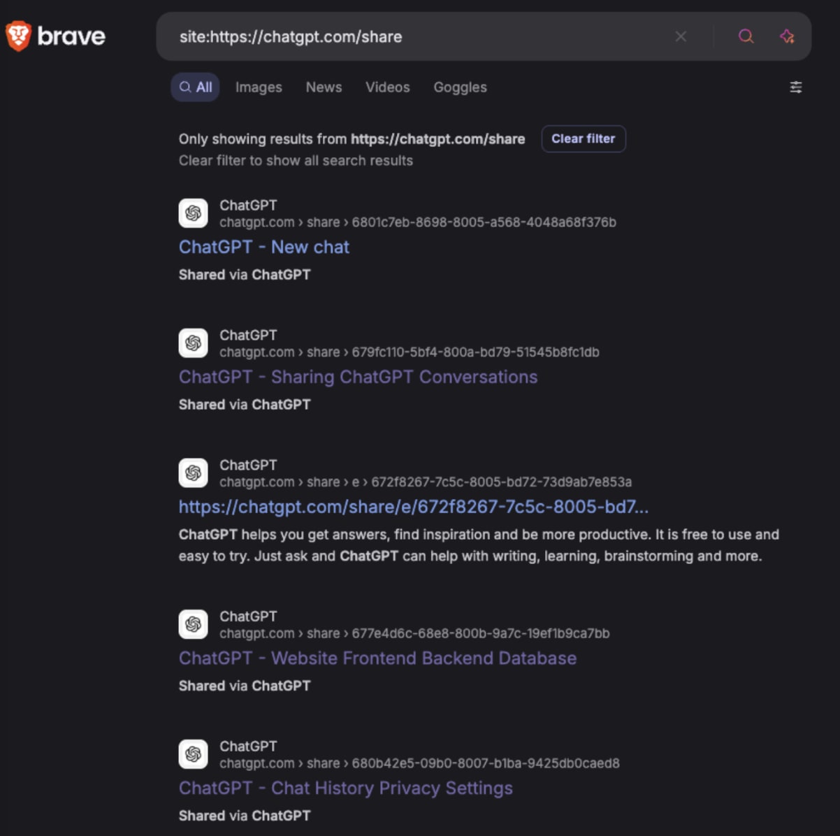 Resultados de búsqueda de Brave para site:https://chatgpt.com/share que muestran enlaces y títulos de conversaciones de ChatGPT indexados públicamente.