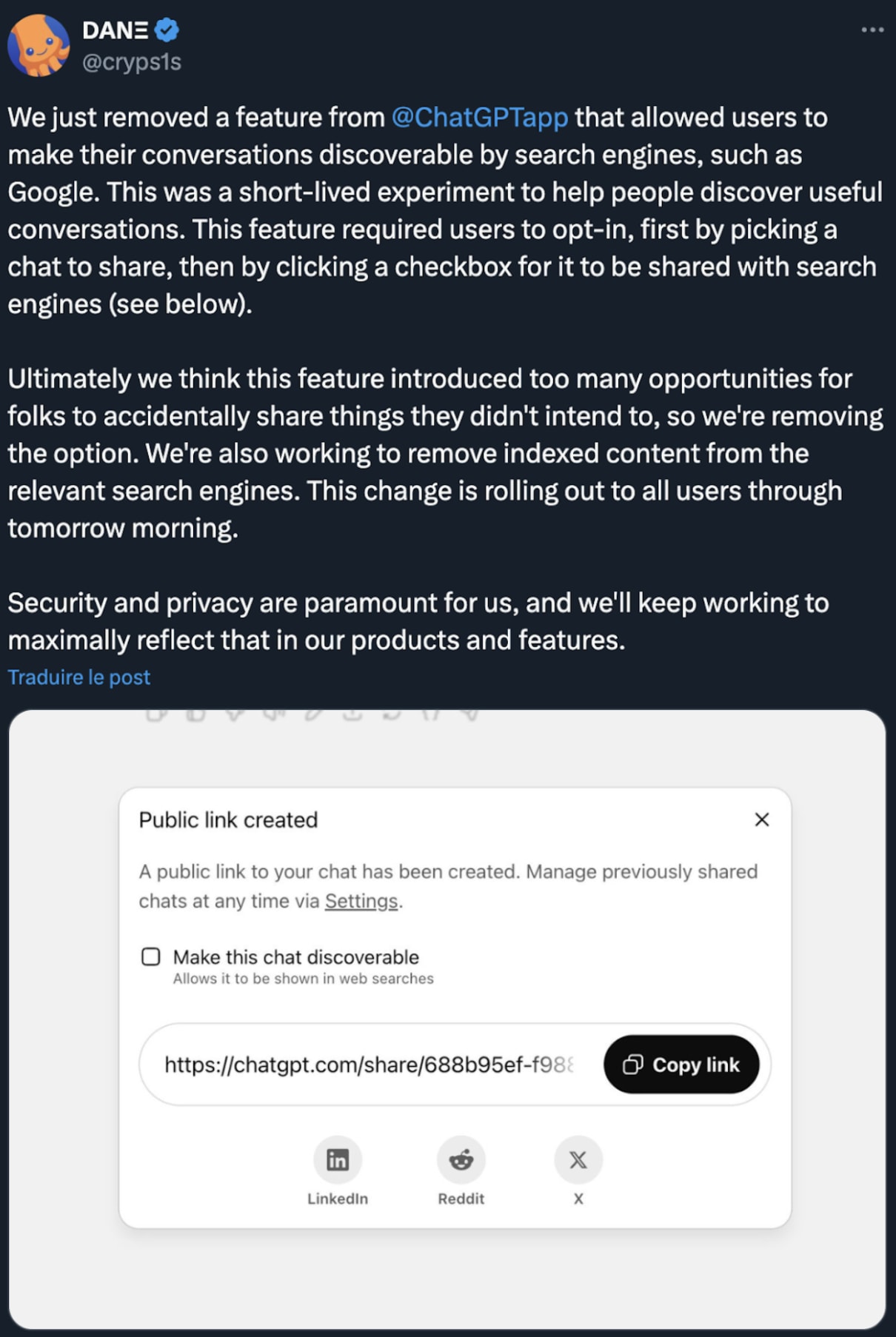 Captura de pantalla de un cuadro de diálogo de enlace público de ChatGPT con la opción sin marcar «Hacer que este chat sea visible» y enlaces para compartir en LinkedIn, Reddit y X.