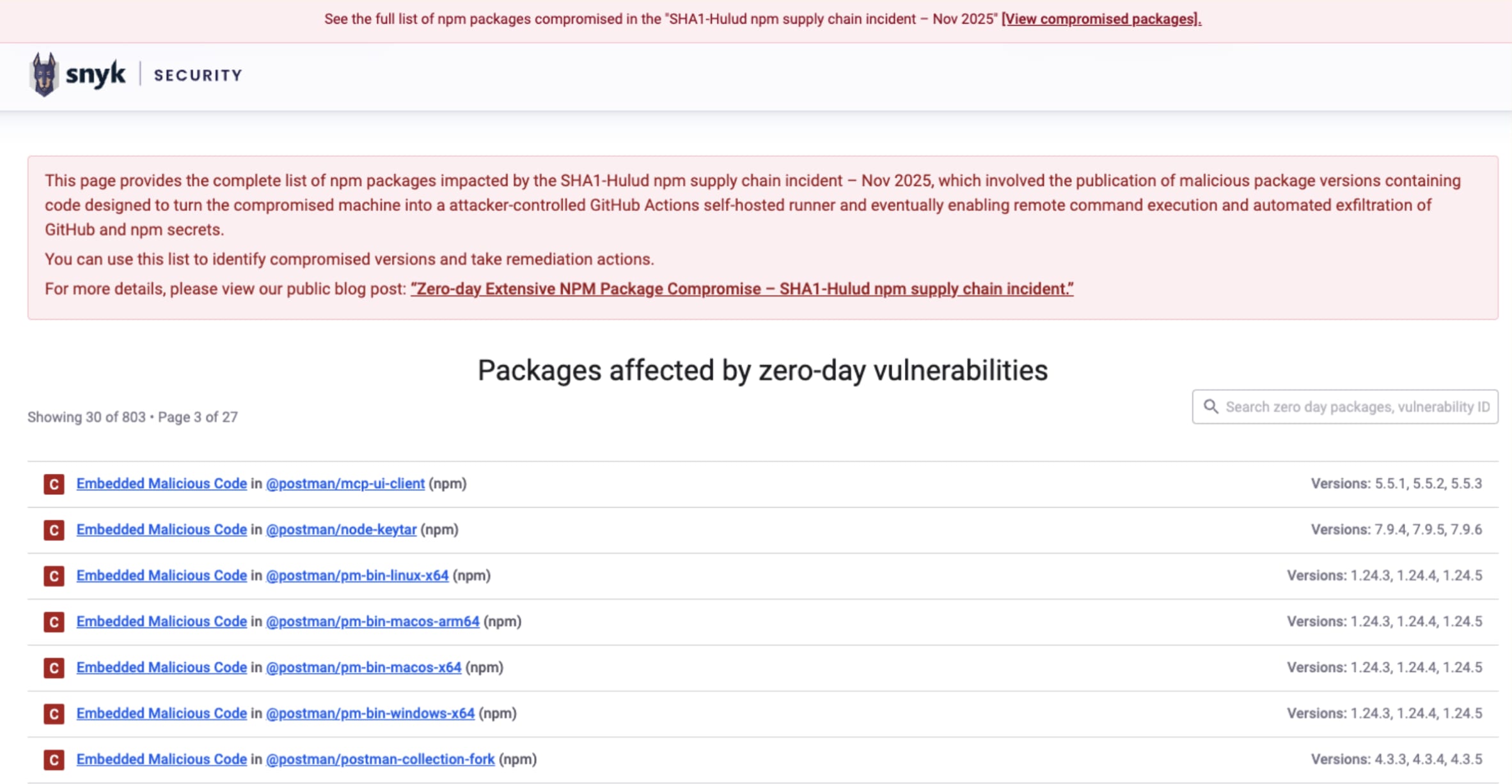 Cette page répertorie tous les packages npm touchés par l’attaque de la chaîne d’approvisionnement SHA1-Hulud en novembre 2025.