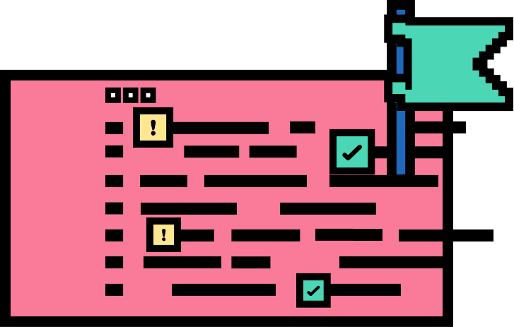 Interfaz estilizada de un editor de código con íconos de advertencia, una casilla marcada y un gráfico color verde azulado con forma de reloj de arena