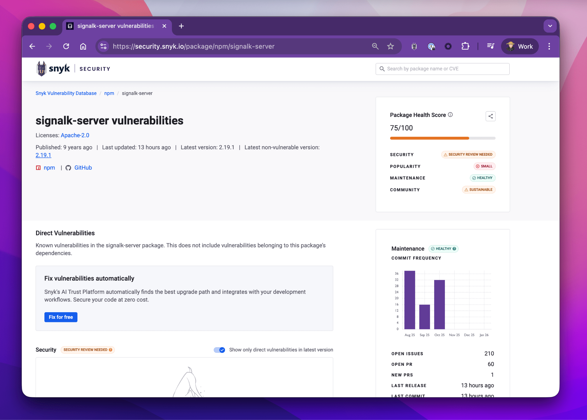 Tableau de bord de sécurité Snyk pour le package npm signalk-server, affichant un score de santé de 75/100, des indicateurs de maintenance et le statut de l’analyse de sécurité.