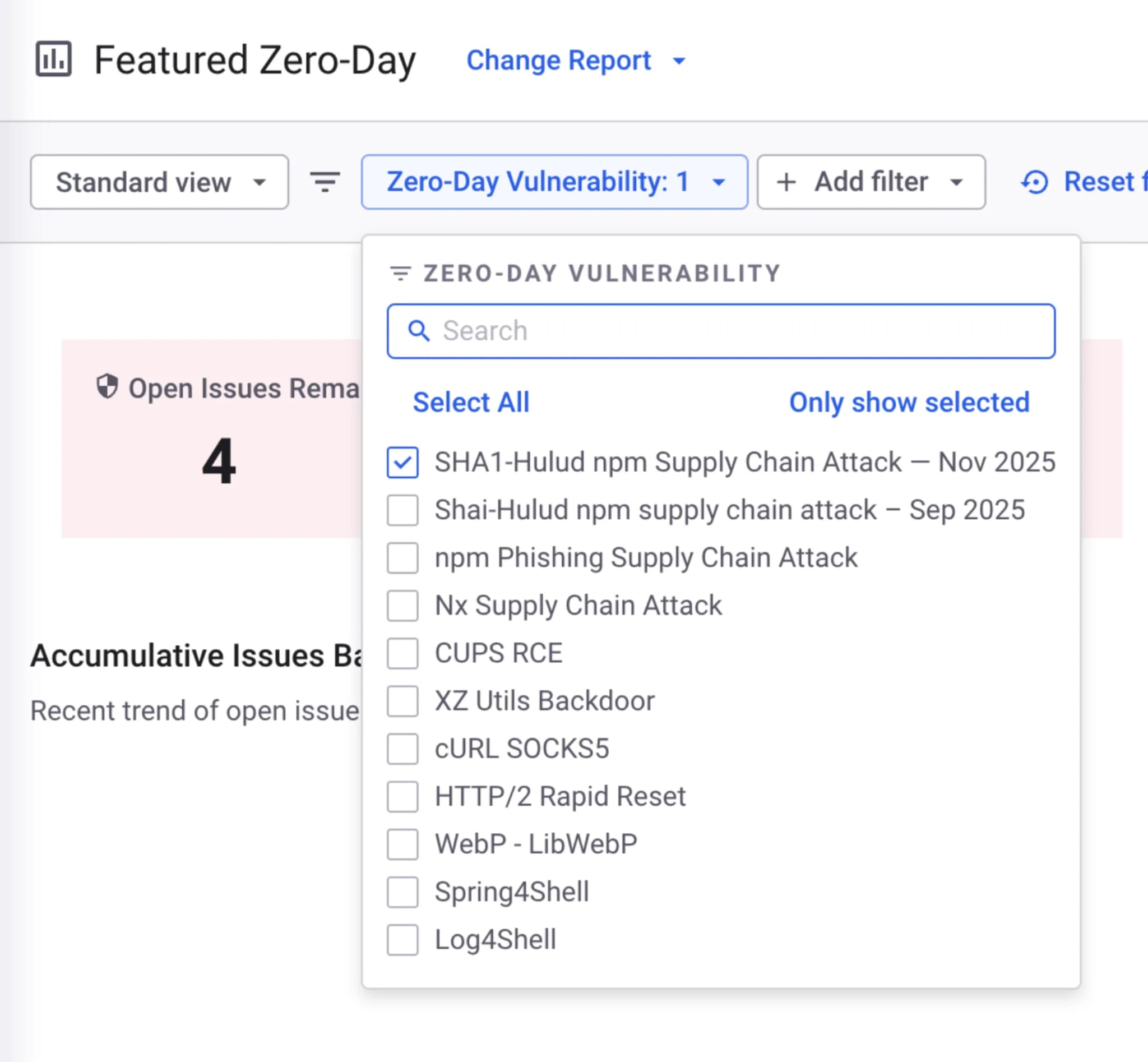 Interface du tableau de bord Zero-Day à la une, affichant une liste déroulante de vulnérabilités de cybersécurité telles que SHA1-Hulud, CUPS RCE et Log4Shell, permettant de filtrer les problèmes ouverts.
