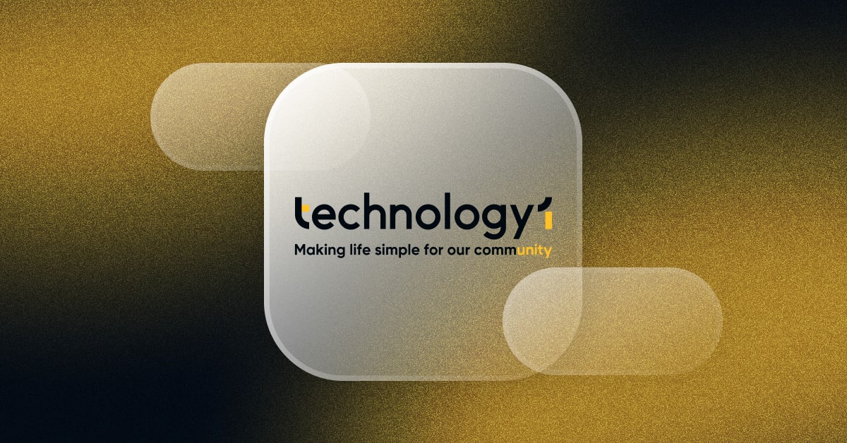 Logo da Techonomy com o slogan “Simplificando a vida da nossa comunidade” sobre um fundo geométrico translúcido