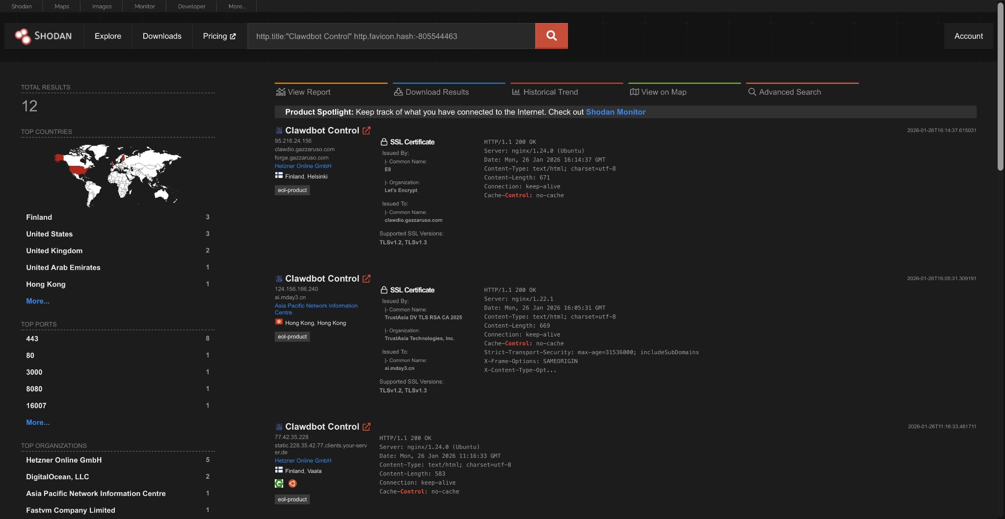 「Clawdbot Control」のShodan検索結果。IPアドレス、所在地、技術メタデータを含む12件のレコードが表示されています。サイドバーには、国、ポート、組織別の統計が表示されています。