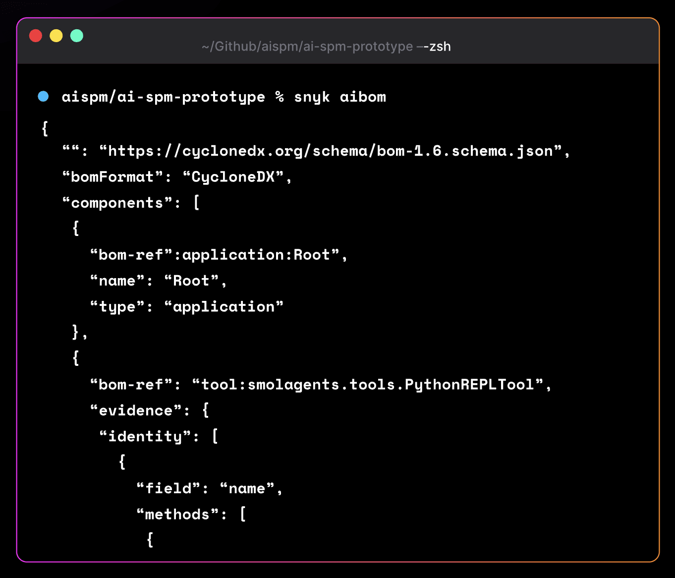CycloneDX 1.6 JSONを表示する「snyk aibom」コマンドのターミナル出力。AIプロトタイプのコンポーネントとして、アプリケーションのルートとsmolagentsのPythonREPLToolが一覧表示されています。