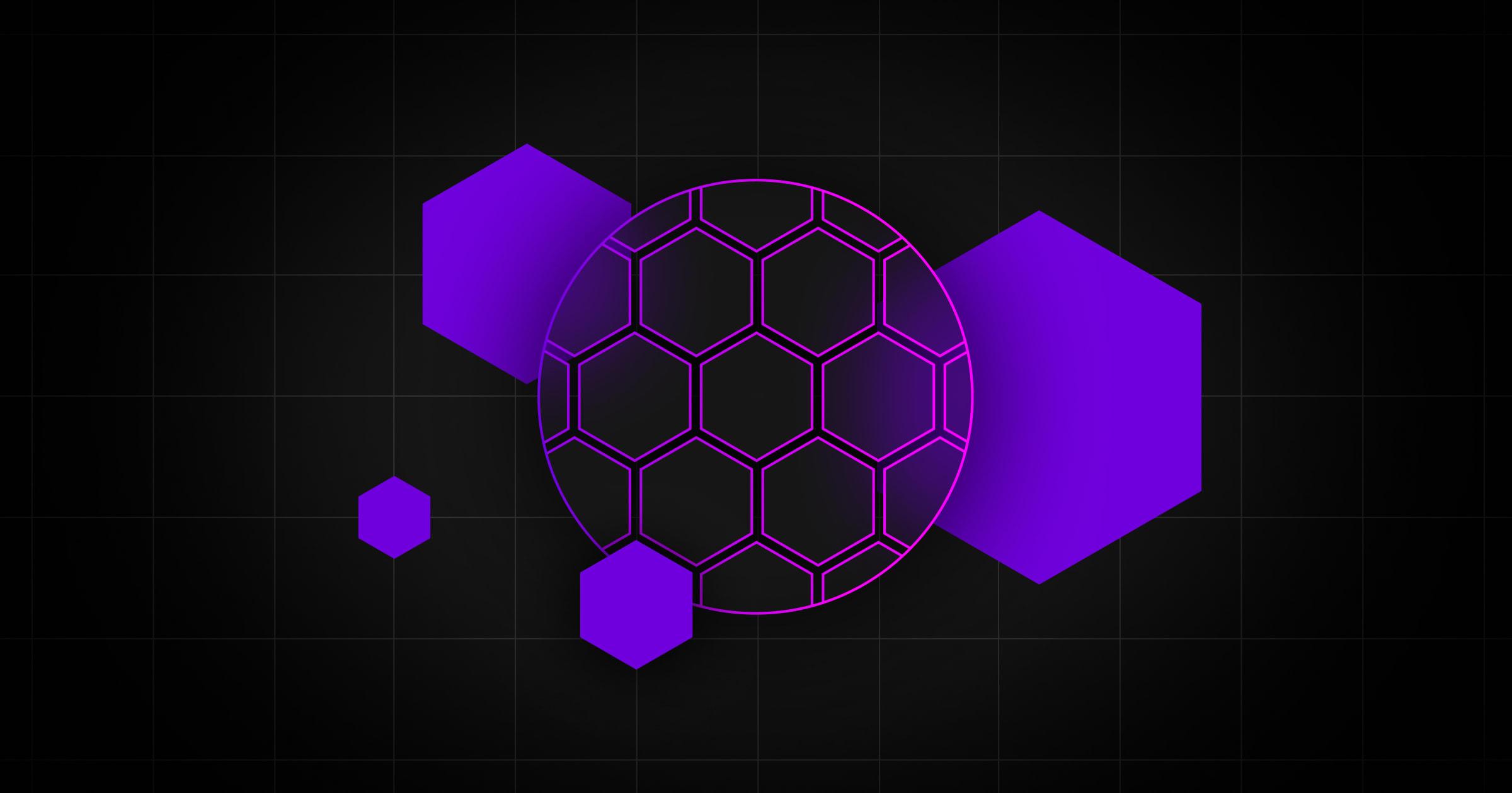 Formes hexagonales violettes abstraites entourant un motif alvéolé circulaire sur un fond quadrillé sombre