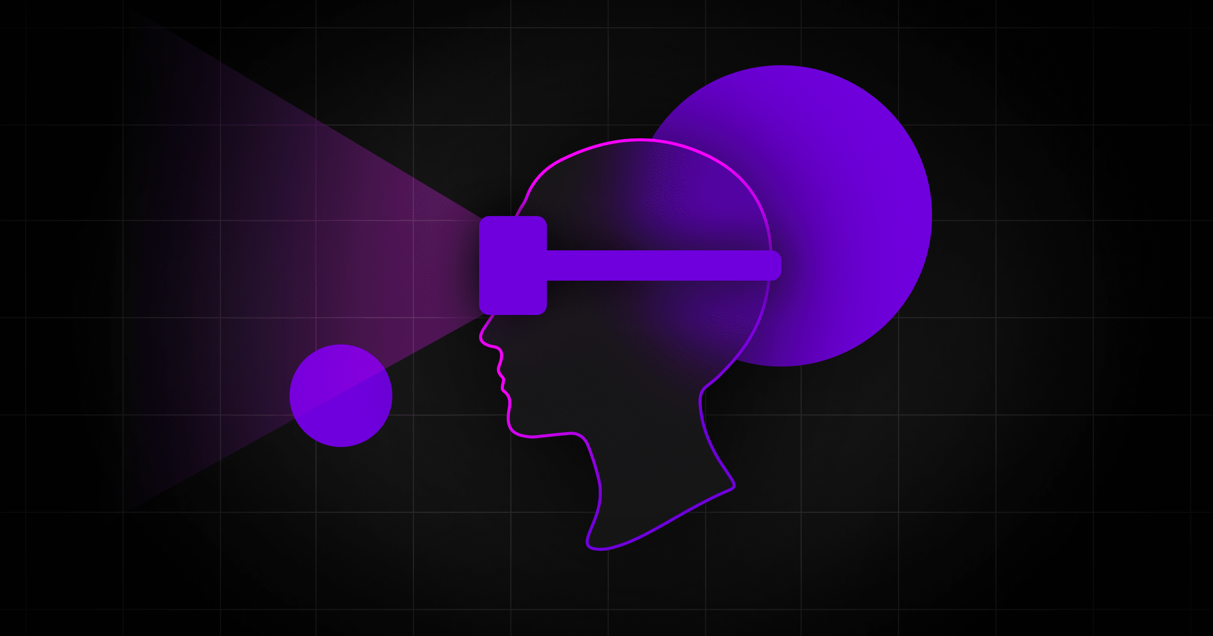 Profil abstrait d’une tête humaine en néon violet, avec des formes géométriques sur un fond sombre quadrillé