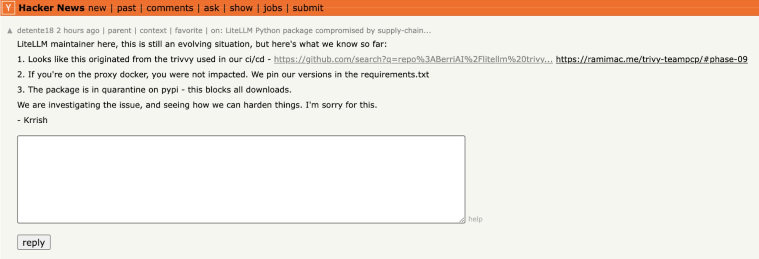 Hacker News comment from a LiteLLM maintainer about a supply-chain compromise, explaining the CI/CD vulnerability, limited impact on proxy docker, and PyPI quarantine status.