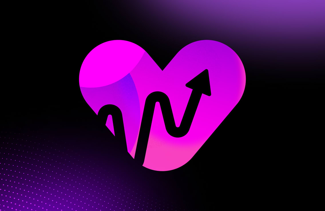 Diseño abstracto de un corazón rosa brillante y morado con una flecha negra ascendente sobre un fondo oscuro
