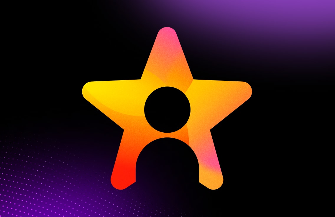 Estrella colorida de cinco puntas con un recorte en forma de persona, sobre un fondo negro con degradados morados y detalles punteados