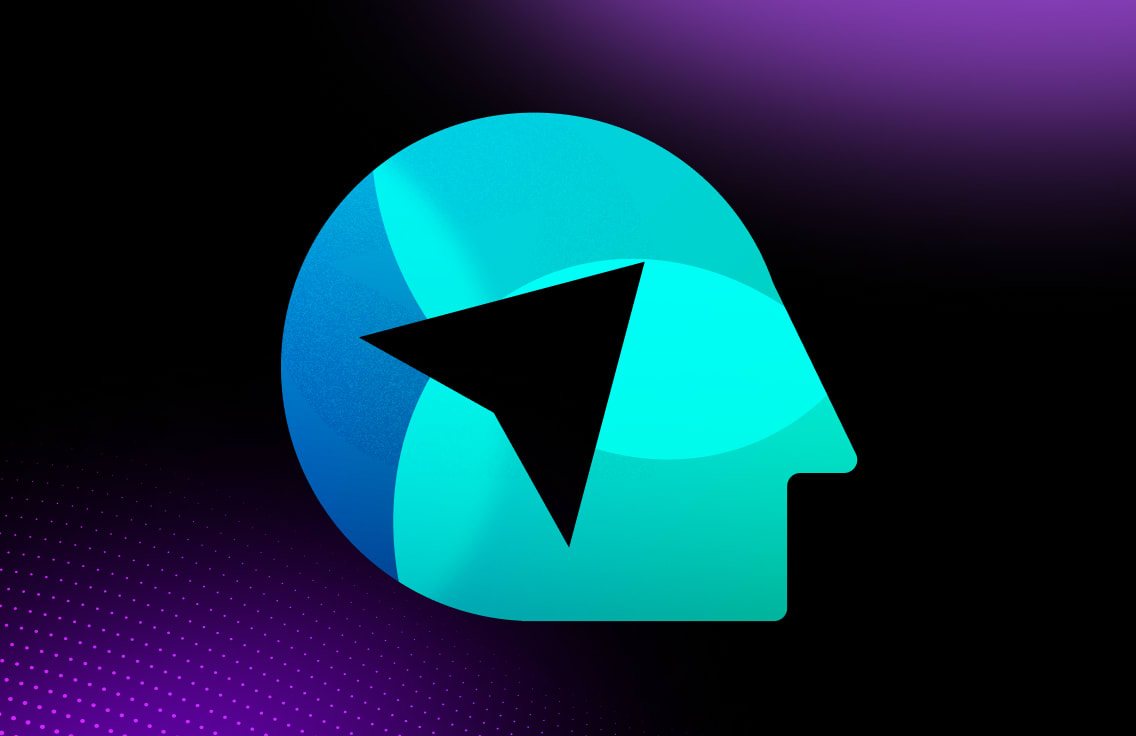 Diseño circular abstracto en tonos verde azulado y azul, con una estrella negra que apunta hacia adelante sobre un fondo morado oscuro y negro