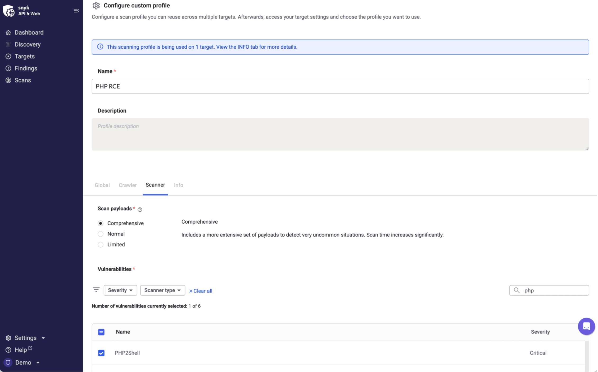 Snyk API & Web scanning profile named “PHP RCE,” configured with comprehensive payloads and the critical PHP2Shell vulnerability selected.